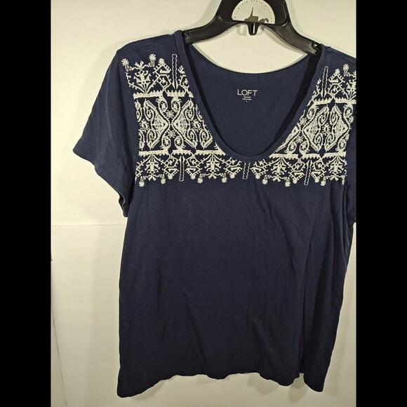 Loft Women's Large Navy Blue Short Sleeve Scoop Neck Lightweight Top Tee Shirt - Picture 2 of 10
